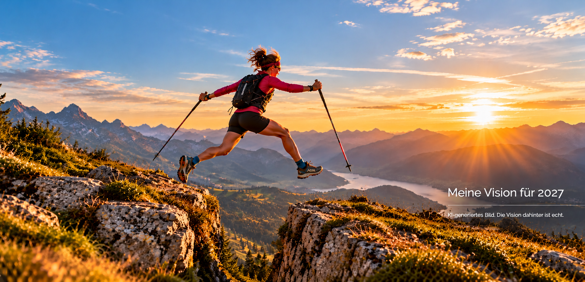 KI-generierte Trailrunnerin springt über eine Felsspalte in den Alpen – Symbol für Mut und neue Ziele.