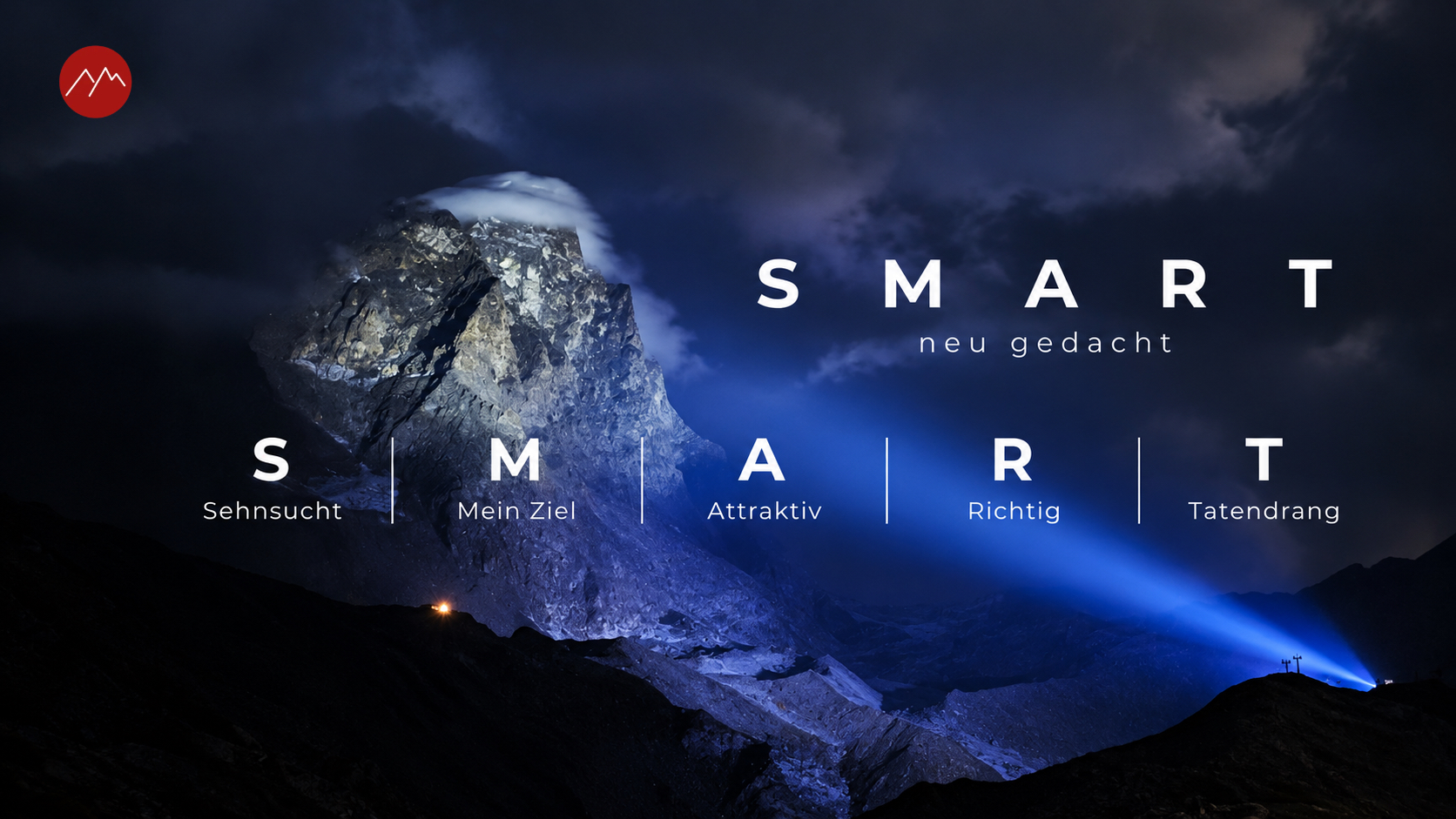 SMART neu gedacht: Sehnsucht, Mein Ziel, Attraktiv, Richtig und Tatendrang vor dem nächtlichen Matterhorn mit eindrucksvollem Lichtstrahl.