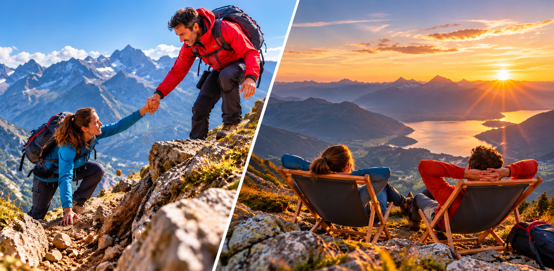 Präventionsberatung – Gemeinsam Herausforderungen meistern Ein Mann hilft einer Frau beim Aufstieg über eine schwierige Bergpassage. Daneben entspannen beide in Liegestühlen mit Blick auf die Berglandschaft.